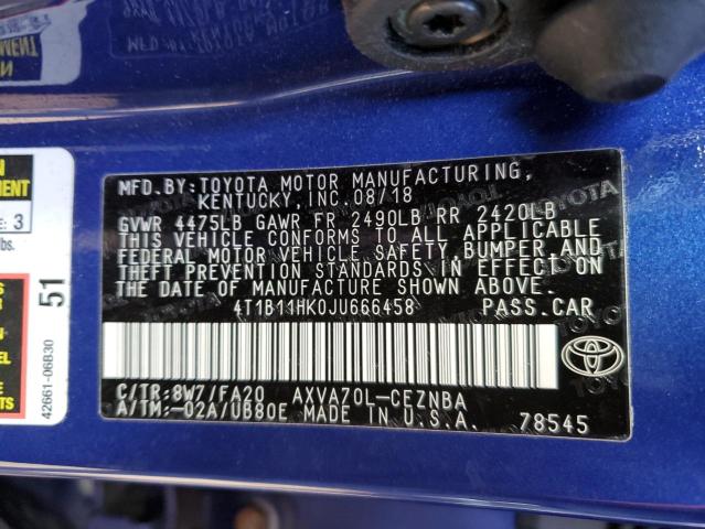 4T1B11HK0JU666458 - 2018 TOYOTA CAMRY L BLUE photo 12