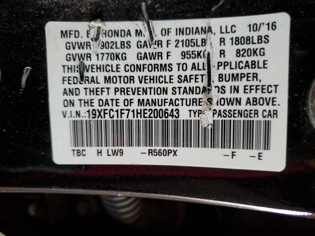 19XFC1F71HE200643 - 2017 HONDA CIVIC EXL BLACK photo 12