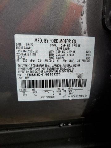 1FMSK8DH1NGB69276 - 2022 FORD EXPLORER XLT GRAY photo 12