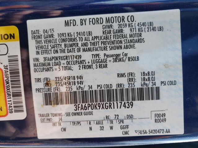 3FA6P0K9XGR117439 - 2016 FORD FUSION TITANIUM BLUE photo 12