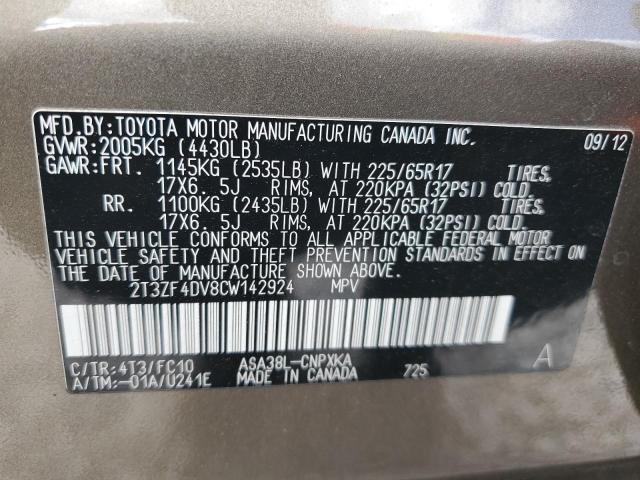 2T3ZF4DV8CW142924 - 2012 TOYOTA RAV4 GRAY photo 12