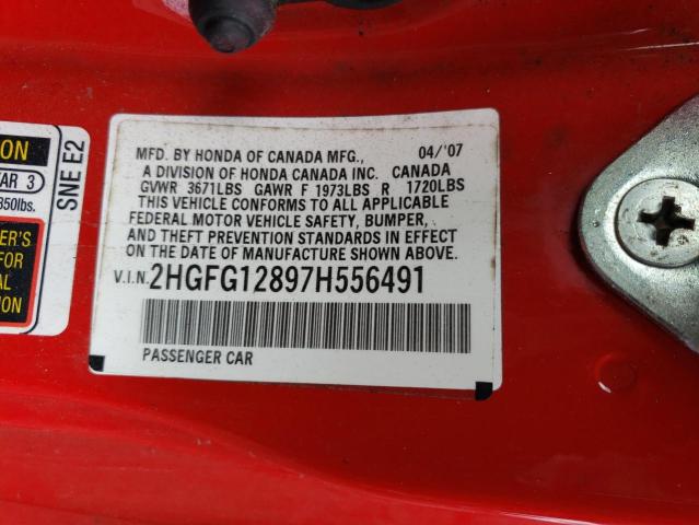 2HGFG12897H556491 - 2007 HONDA CIVIC EX RED photo 12