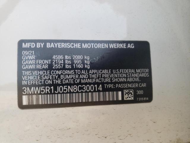 3MW5R1J05N8C30014 - 2022 BMW 330I WHITE photo 12