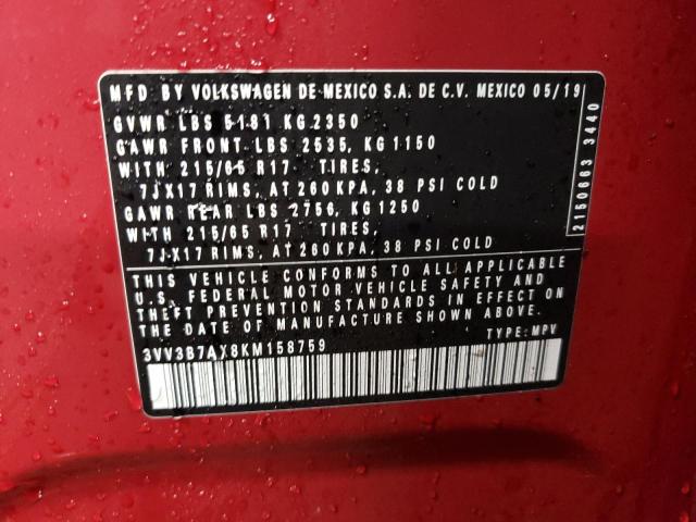 3VV3B7AX8KM158759 - 2019 VOLKSWAGEN TIGUAN SE RED photo 13