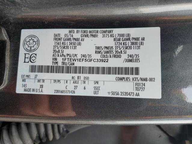1FTEW1EF5GFC33922 - 2016 FORD F150 SUPERCREW GRAY photo 12