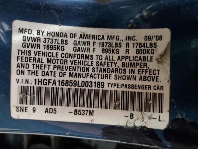 1HGFA16859L003189 - 2009 HONDA CIVIC EX BLUE photo 13