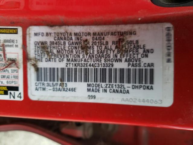 2T1KR32E44C313329 - 2004 TOYOTA COROLLA MA XR RED photo 12