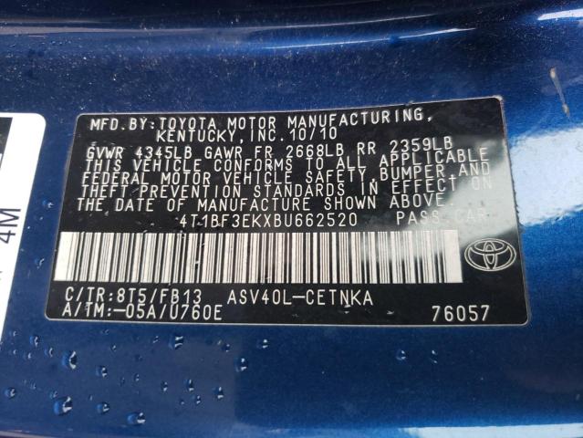 4T1BF3EKXBU662520 - 2011 TOYOTA CAMRY BASE 蓝色 照片 12