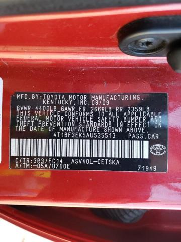 4T1BF3EK5AU535513 - 2010 TOYOTA CAMRY BASE RED photo 12