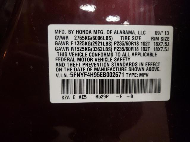 5FNYF4H95EB002671 - 2014 HONDA PILOT TOURING MAROON photo 14