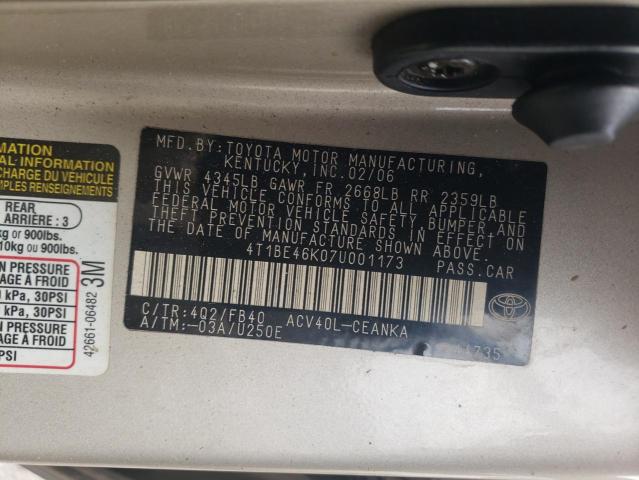 4T1BE46K07U001173 - 2007 TOYOTA CAMRY CE GOLD photo 12