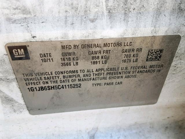 1G1JB6SH5C4115252 - 2012 CHEVROLET SONIC LS  photo 10