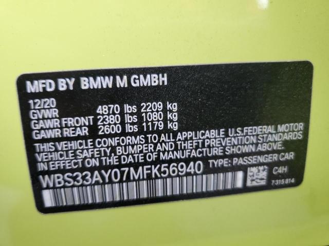 WBS33AY07MFK56940 - 2021 BMW M3 COMPETITION ყვითელი ფოტო 12