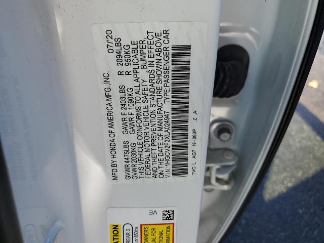 1HGCV2F3XLA024947 - 2020 HONDA ACCORD SPORT WHITE photo 12