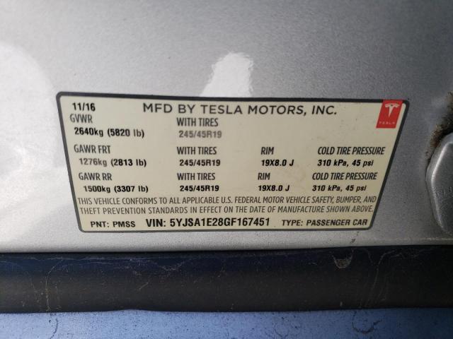 5YJSA1E28GF167451 - 2016 TESLA MODEL S SILVER photo 14