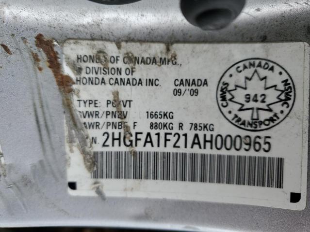 2HGFA1F21AH000965 - 2010 HONDA CIVIC DX SILVER photo 13