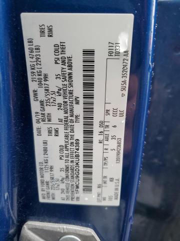 1FMCU9GD3KUB74389 - 2019 FORD ESCAPE SE BLUE photo 13