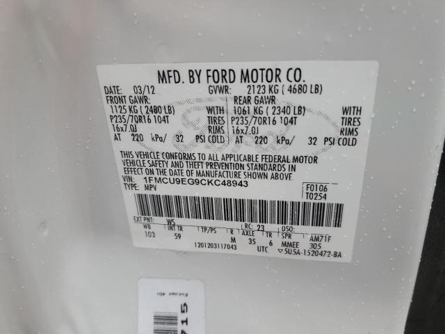 1FMCU9EG9CKC48943 - 2012 FORD ESCAPE LIMITED WHITE photo 13