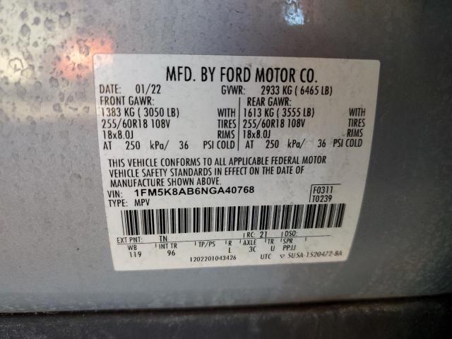 1FM5K8AB6NGA40768 - 2022 FORD EXPLORER POLICE INTERCEPTOR Արծաթագույն լուսանկար 14