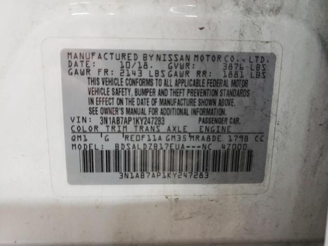 3N1AB7AP1KY247283 - 2019 NISSAN SENTRA S WHITE photo 12