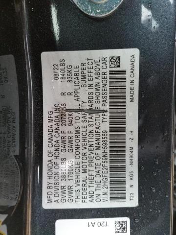 2HGFE2F59NH598569 - 2022 HONDA CIVIC SPORT 石墨色 照片 12