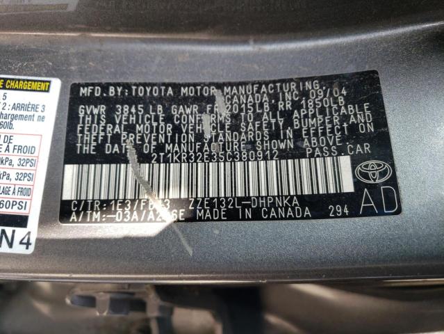 2T1KR32E35C380912 - 2005 TOYOTA COROLLA MA XR GRAY photo 12