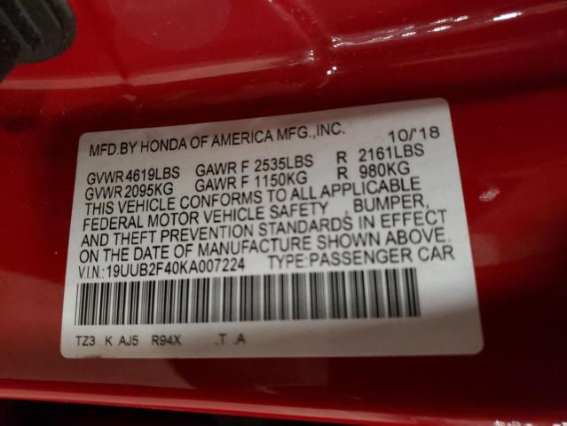 19UUB2F40KA007224 - 2019 ACURA TLX TECHNOLOGY წითელი ფოტო 13