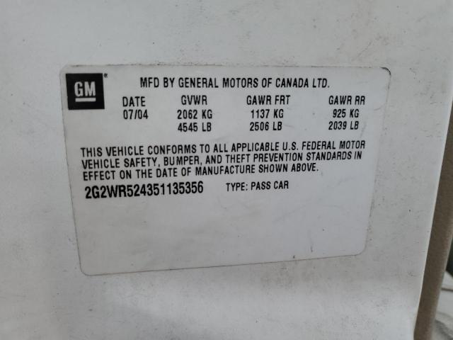 2G2WR524351135356 - 2005 PONTIAC GRAND PRIX GTP თეთრი ფოტო 12