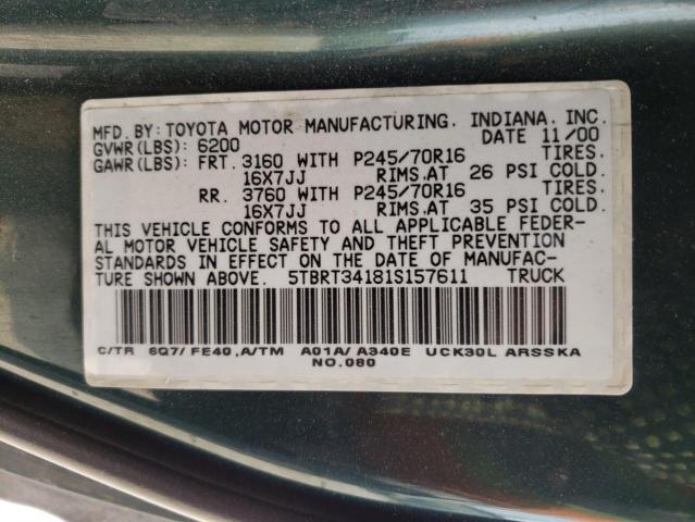 5TBRT34181S157611 - 2001 TOYOTA TUNDRA ACCESS CAB Կանաչ լուսանկար 12