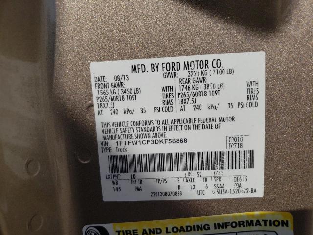 1FTFW1CF3DKF58868 - 2013 FORD F150 SUPERCREW GOLD photo 12