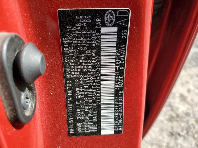 2T1BU4EE1AC438932 - 2010 TOYOTA COROLLA BASE RED photo 12