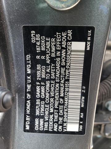 SHHFK7H44KU216151 - 2019 HONDA CIVIC SPORT 灰色 照片 12