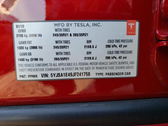 5YJSA1E49JF241758 - 2018 TESLA MODEL S 红色 照片 12