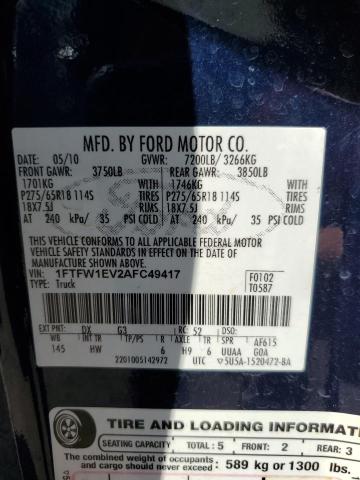 1FTFW1EV2AFC49417 - 2010 FORD F150 SUPERCREW BLUE photo 12