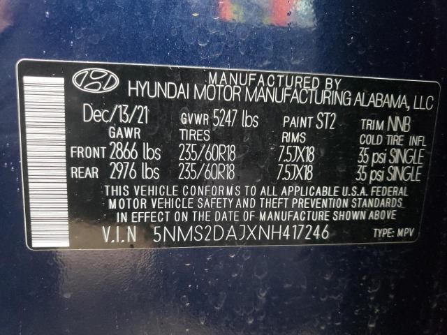 5NMS2DAJXNH417246 - 2022 HYUNDAI SANTA FE SEL Կապույտ լուսանկար 14