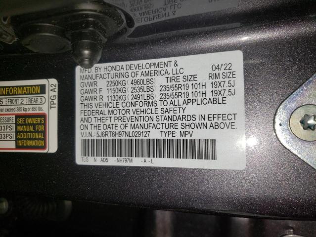 5J6RT6H97NL029127 - 2022 HONDA CR-V TOURING GRAY photo 12