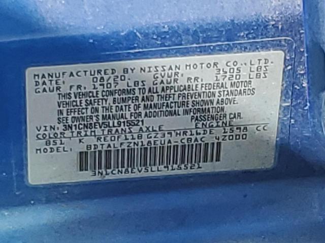 3N1CN8EV5LL915521 - 2020 NISSAN VERSA SV BLUE photo 12