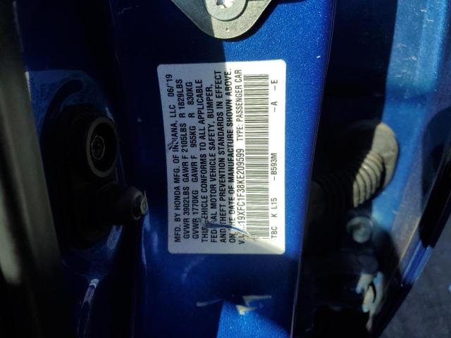 19XFC1F38KE209599 - 2019 HONDA CIVIC EX BLUE photo 12