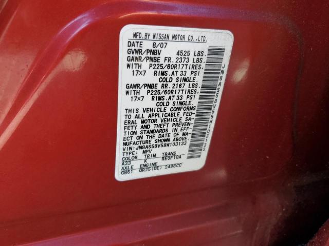 JN8AS58V58W103133 - 2008 NISSAN ROGUE S RED photo 12