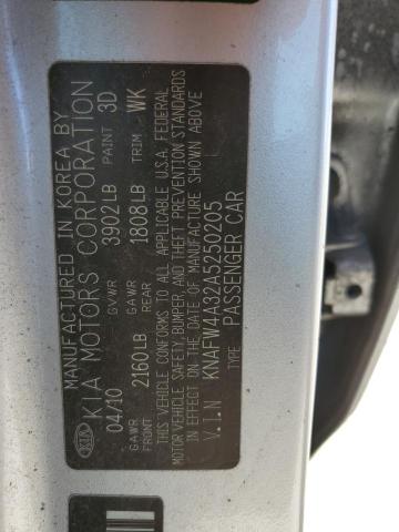 KNAFW4A32A5250205 - 2010 KIA FORTE SX SILVER photo 12