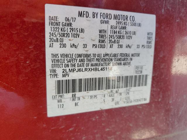 2LMPJ6LRXHBL45118 - 2017 LINCOLN MKX RESERVE RED photo 12