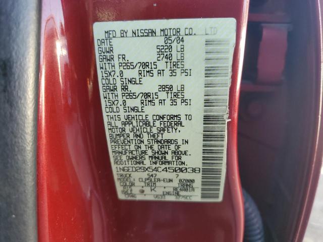 1N6ED29X54C450038 - 2004 NISSAN FRONTIER CREW CAB XE V6 RED photo 12