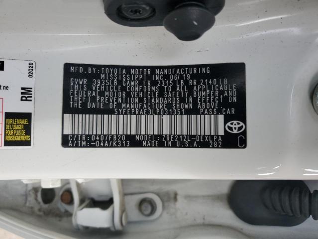 5YFEPRAE3LP031351 - 2020 TOYOTA COROLLA LE WHITE photo 12