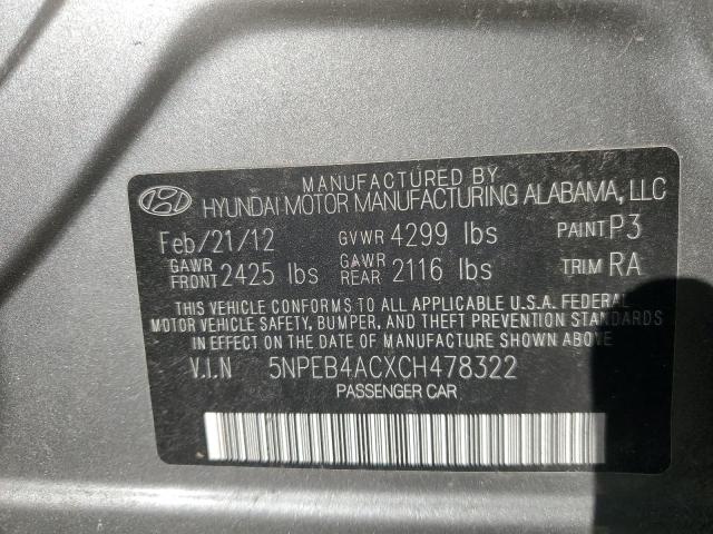 5NPEB4ACXCH478322 - 2012 HYUNDAI SONATA GLS GRAY photo 12