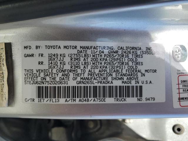 5TEJU62N75Z020631 - 2005 TOYOTA TACOMA DOUBLE CAB PRERUNNER SILVER photo 12
