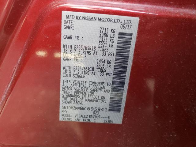 5N1DR2MN6HC695941 - 2017 NISSAN PATHFINDER S 栗色 照片 14