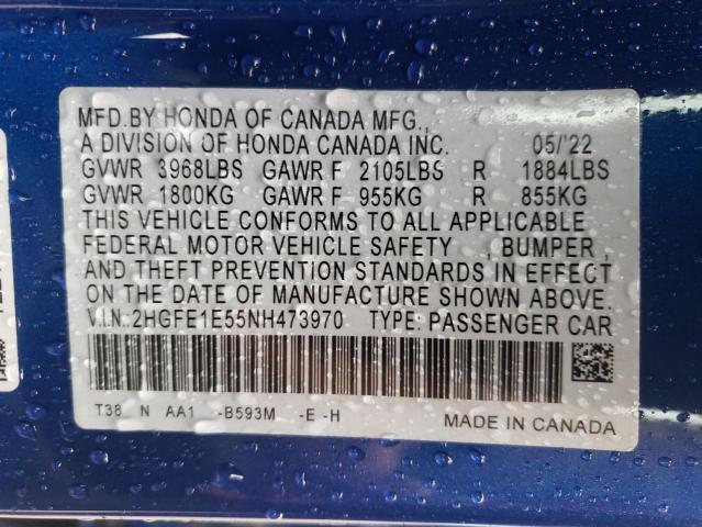 2HGFE1E55NH473970 - 2022 HONDA CIVIC SI BLUE photo 12