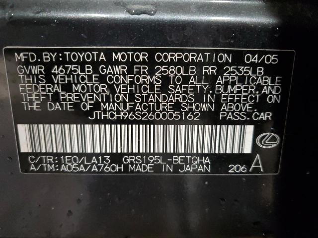 JTHCH96S260005162 - 2006 LEXUS GS 300 GRAY photo 12