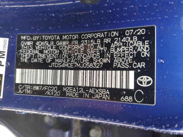 JTDS4MCE7MJ058327 - 2021 TOYOTA COROLLA SE BLUE photo 12