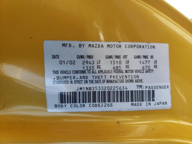 JM1NB353320225634 - 2002 MAZDA MX-5 MIATA BASE YELLOW photo 12